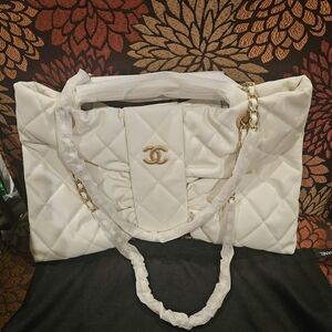White Quilted Tote with Gold Chain and Logo Accent